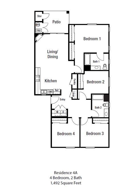 Floor plan for 4 beds, 2 baths, 1492 sqft